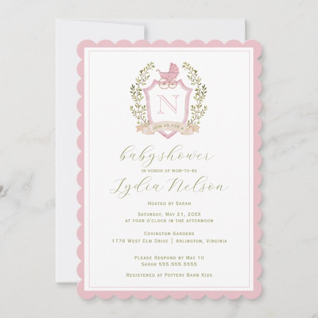 Baby Carriage Crest Monogram | Pink Baby Shower Invitation (Front)