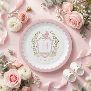 Baby Carriage Crest Monogram   Pink Baby Shower Paper Plates