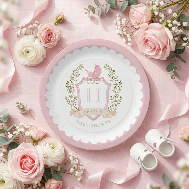 Baby Carriage Crest Monogram | Pink Baby Shower Paper Plates (Creator Uploaded)