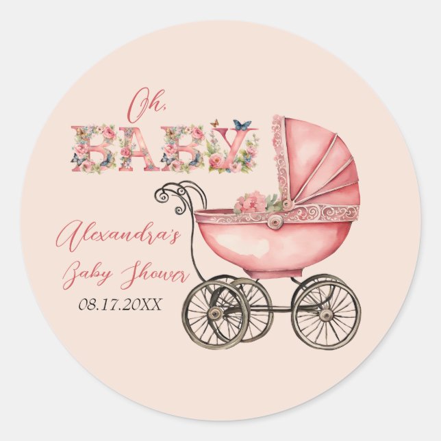 Baby Carriage Girl Baby Shower Classic Round Sticker (Front)