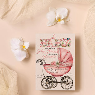 Baby Carriage Girl Baby Shower Invitation