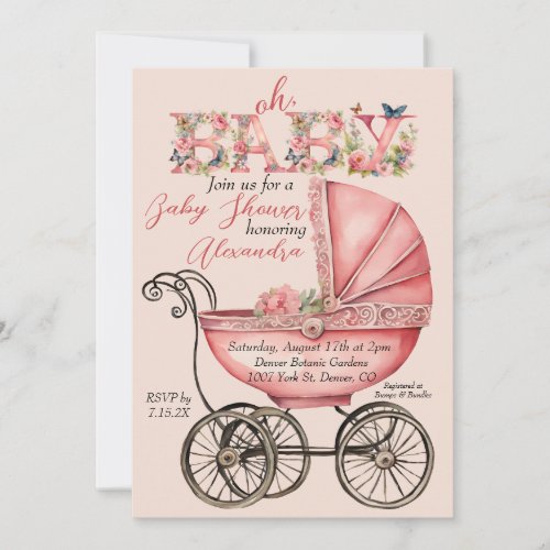 Baby Carriage Girl Baby Shower Invitation