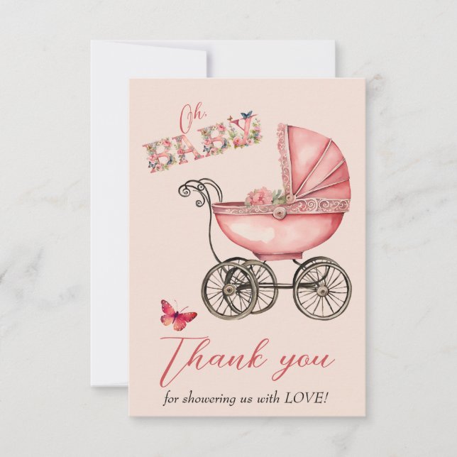 Baby Carriage Girls Baby Shower Thank You Card (Front)