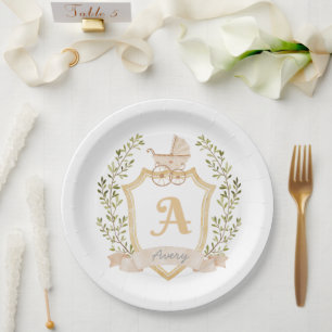 Baby Carriage Monogram A   Neutral Birth Announcem Paper Plates