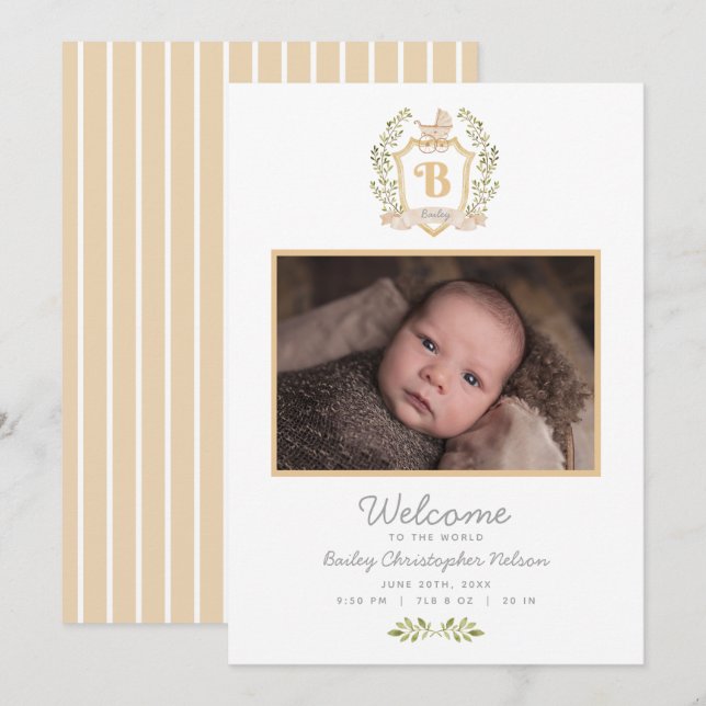 Baby Carriage Monogram B | Neutral Birth Announcement (Front/Back)