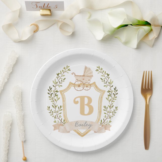 Baby Carriage Monogram "B" | Neutral Paper Plates (Wedding)