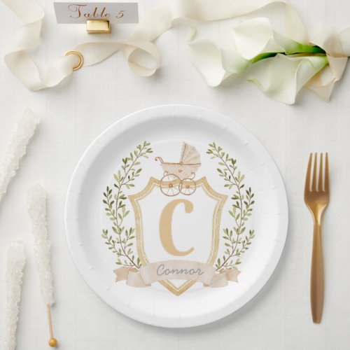 Baby Carriage Monogram C  Neutral  Paper Plates
