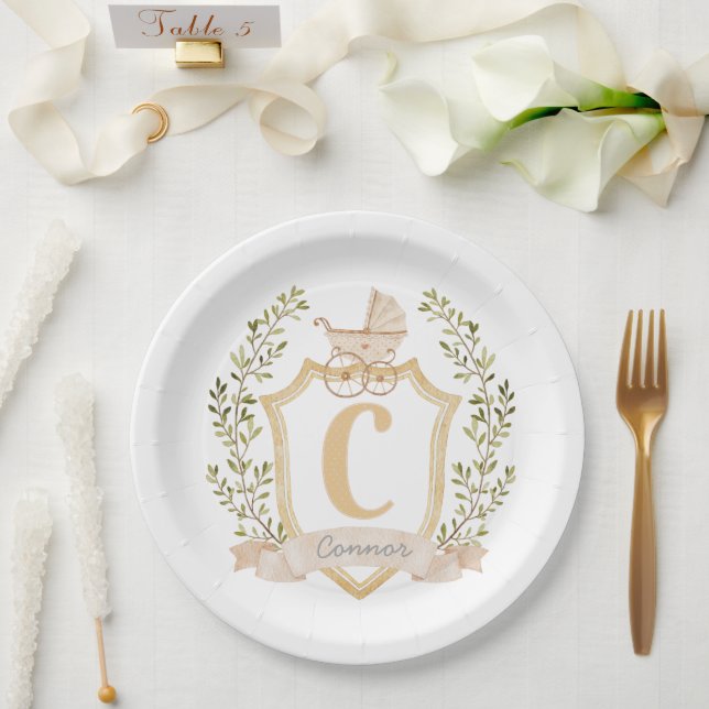 Baby Carriage Monogram "C" | Neutral  Paper Plates (Wedding)