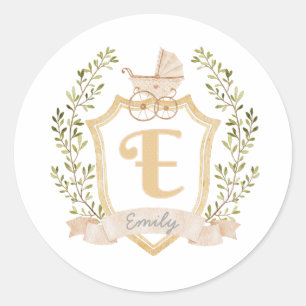 Baby Carriage Monogram E Neutral Classic Round Sticker