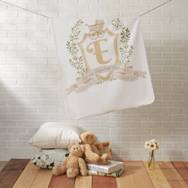 Baby Carriage Monogram "E" Nursery Throw Pillow Blanket (In Situ)