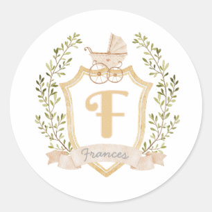 Baby Carriage Monogram F Neutral Classic Round Sticker