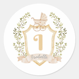 Baby Carriage Monogram I   Neutral  Classic Round Sticker