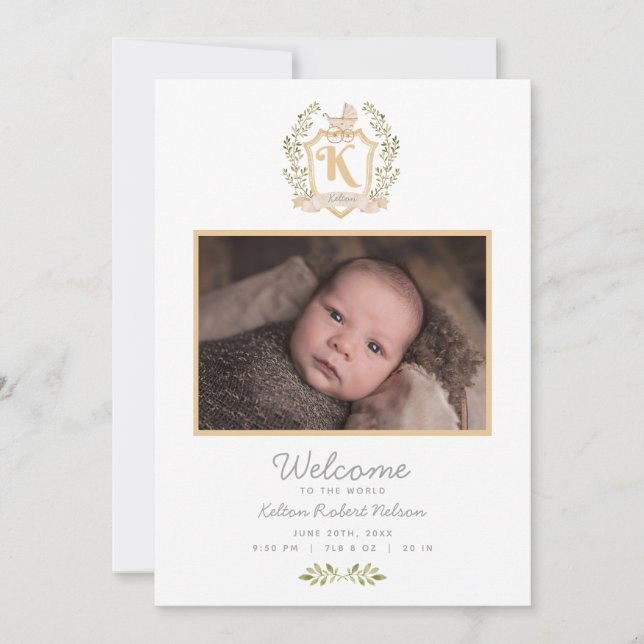 Baby Carriage Monogram K | Neutral Birth Announcement (Front)