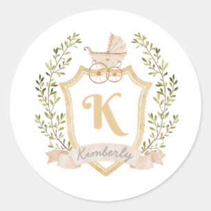 Baby Carriage Monogram K   Neutral  Classic Round Sticker