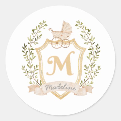 Baby Carriage Monogram M  Neutral  Classic Round Sticker