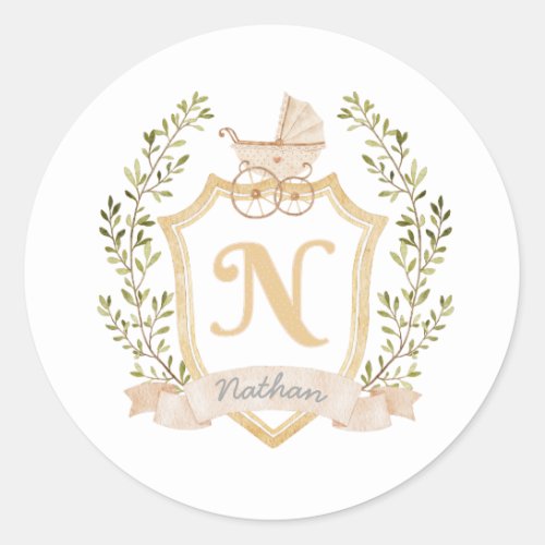 Baby Carriage Monogram N  Neutral  Classic Round Sticker