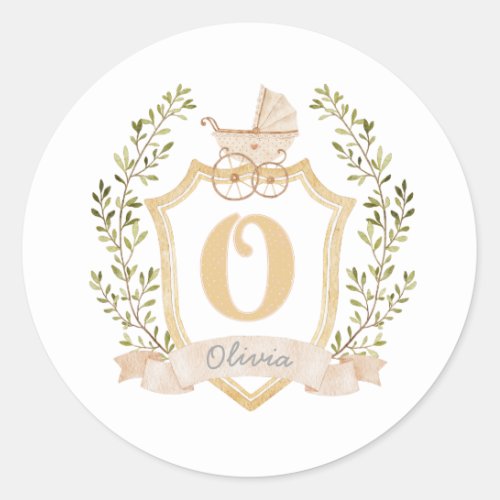 Baby Carriage Monogram O  Neutral  Classic Round Sticker