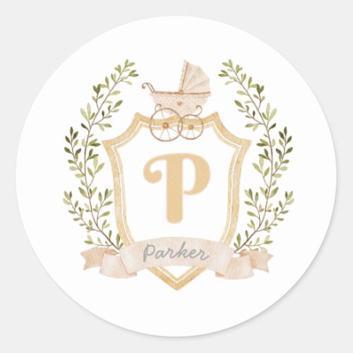 Baby Carriage Monogram P  Neutral  Classic Round Sticker