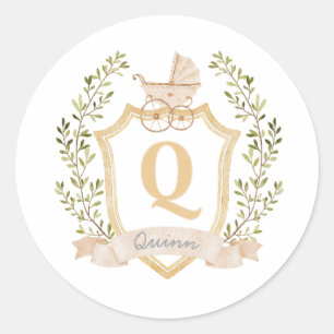 Baby Carriage Monogram Q Neutral Classic Round Sticker