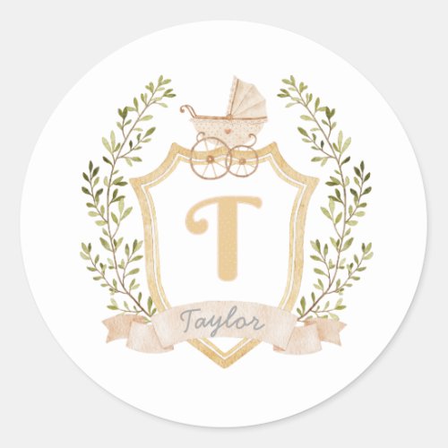 Baby Carriage Monogram T  Neutral  Classic Round Sticker