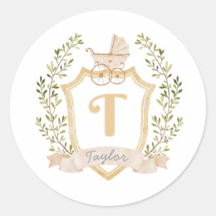 Baby Carriage Monogram T   Neutral  Classic Round Sticker