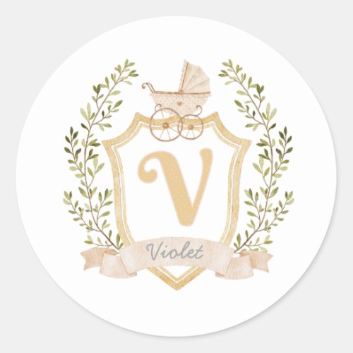 Baby Carriage Monogram V  Neutral  Classic Round Sticker