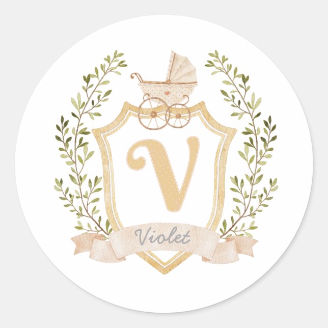 Baby Carriage Monogram V | Neutral  Classic Round Sticker (Front)