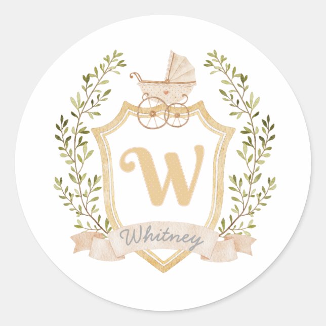 Baby Carriage Monogram W | Neutral  Classic Round Sticker (Front)