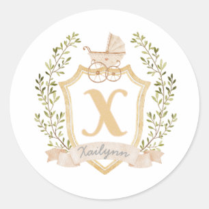 Baby Carriage Monogram X   Neutral  Classic Round Sticker