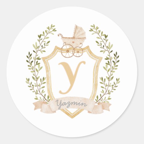 Baby Carriage Monogram Y  Neutral  Classic Round Sticker