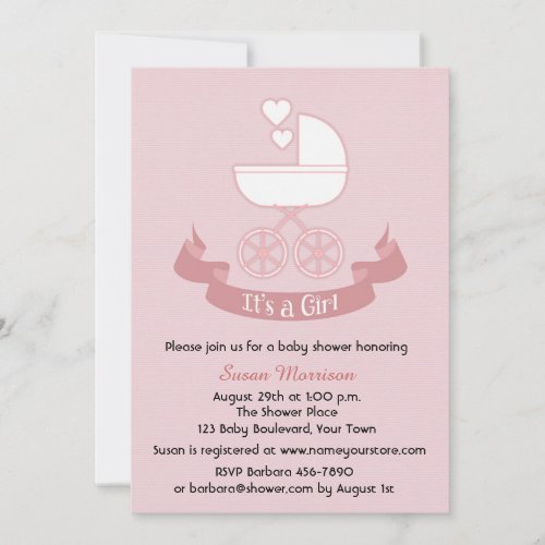 Baby Carriage Pink Girl Baby Shower Invitation