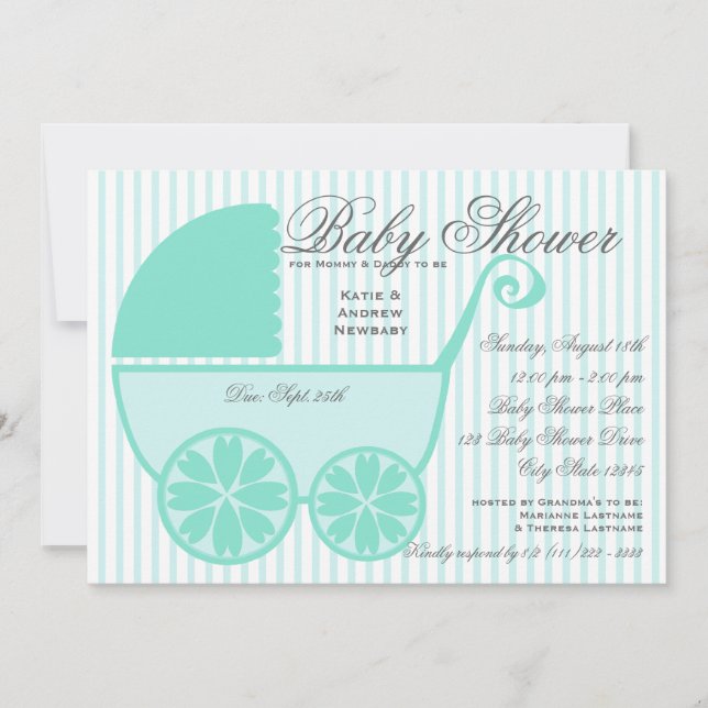 Baby Carriage Shower Turquoise and Gray Invitation (Front)