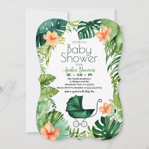 Baby Carriage Tropical Foliage Jungle Baby Shower Invitation