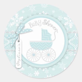 Baby Carriage & Winter Snowflake Print Baby Shower Classic Round Sticker by NouDesigns at Zazzle