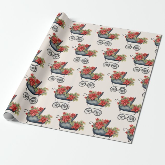 Baby Carriage Xmas Floral  Christmas   Wrapping Paper (Unrolled)