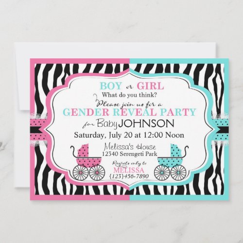 Baby Carriage  Zebra Print Gender Reveal 2 Invitation