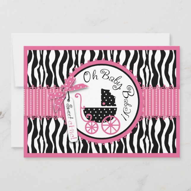 Baby Carriage, Zebra Print & Hot Pink Baby Shower Invitation (Front)