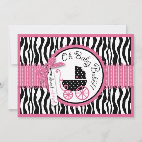 Baby Carriage, Zebra Print &amp; Hot Pink Baby Shower Personalized Invites