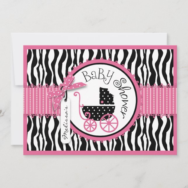 Baby Carriage, Zebra Print & Hot Pink Baby Shower Invitation (Front)