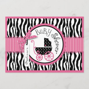 Baby Carriage, Zebra Print & Hot Pink Baby Shower Invitation
