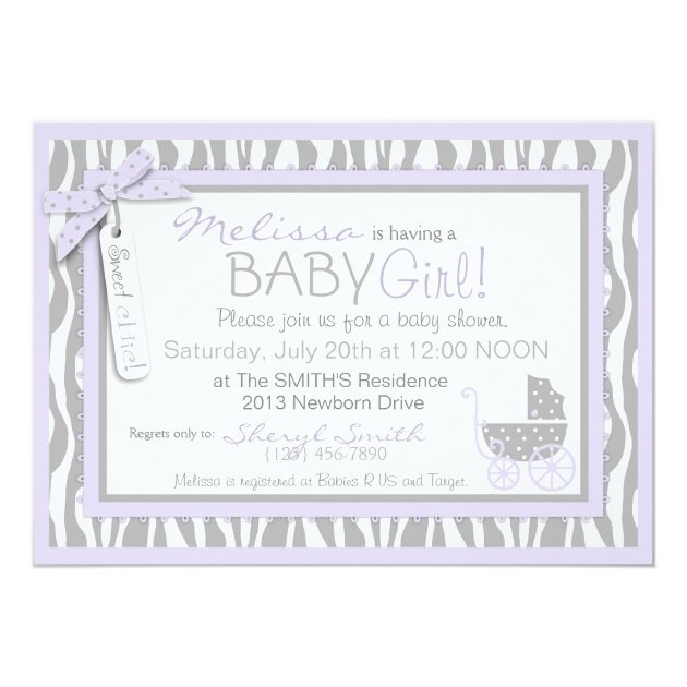 Baby Carriage, Zebra Print & Lavender Baby Shower Invitation