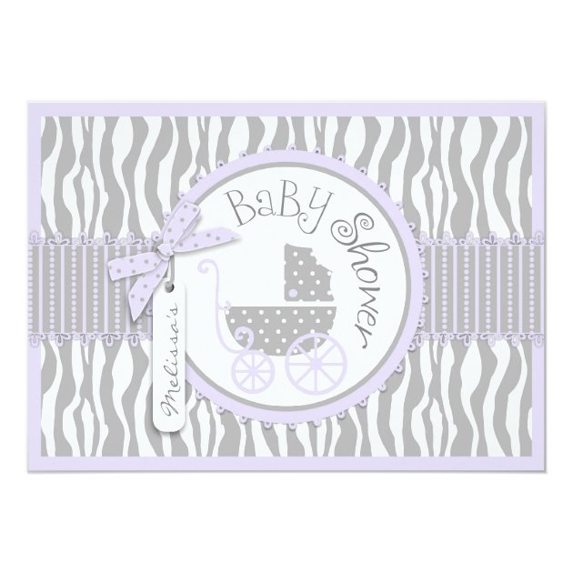 Baby Carriage, Zebra Print & Lavender Baby Shower Invitation
