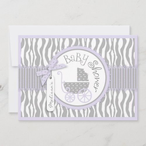 Baby Carriage, Zebra Print &amp; Lavender Baby Shower Invitations