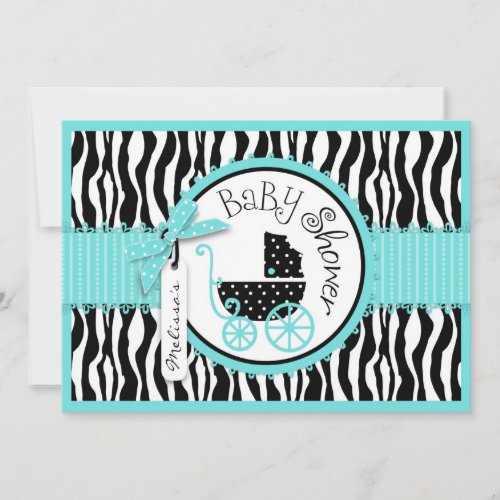 Baby Carriage Zebra Print  Turquoise Baby Shower Invitation