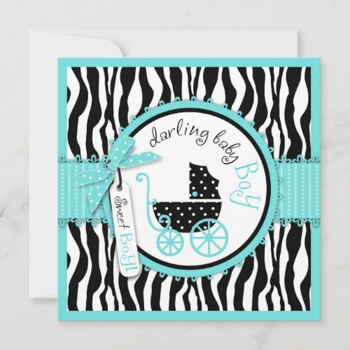 Baby Carriage, Zebra Print &amp; Turquoise Baby Shower Personalized Invitation