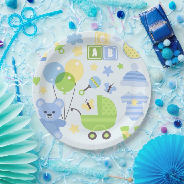 Baby Carrier- Boy Baby Shower Paper Plates (Party)