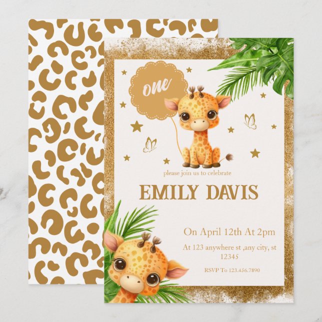 baby cartoon giraffe jungle safari  invitation (Front/Back)