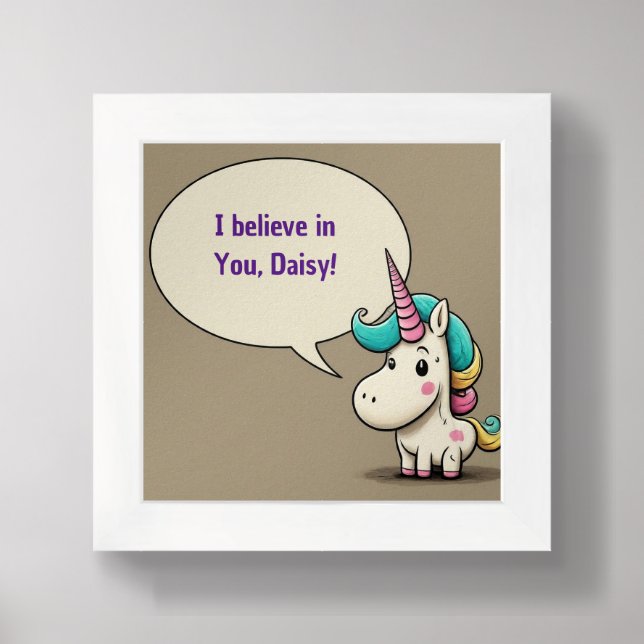 Baby Cartoon Unicorn Saying She Believes in You Framed Art (Framed Front)