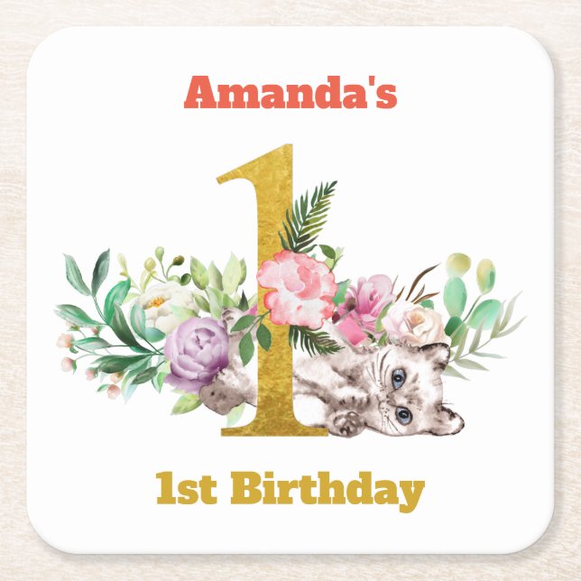 Baby Cat and Flowers 1st Birthday Square Paper Coaster (Front)