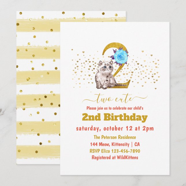 Baby Cat and Flowers 2nd Birthday Invitation (Front/Back)